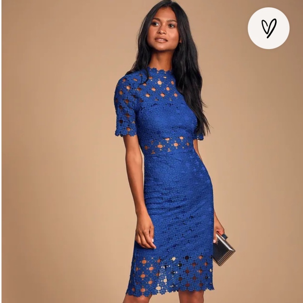 Lulu’s Heartfelt Royal Blue Lace Bodycon MIDI Dress Medium.